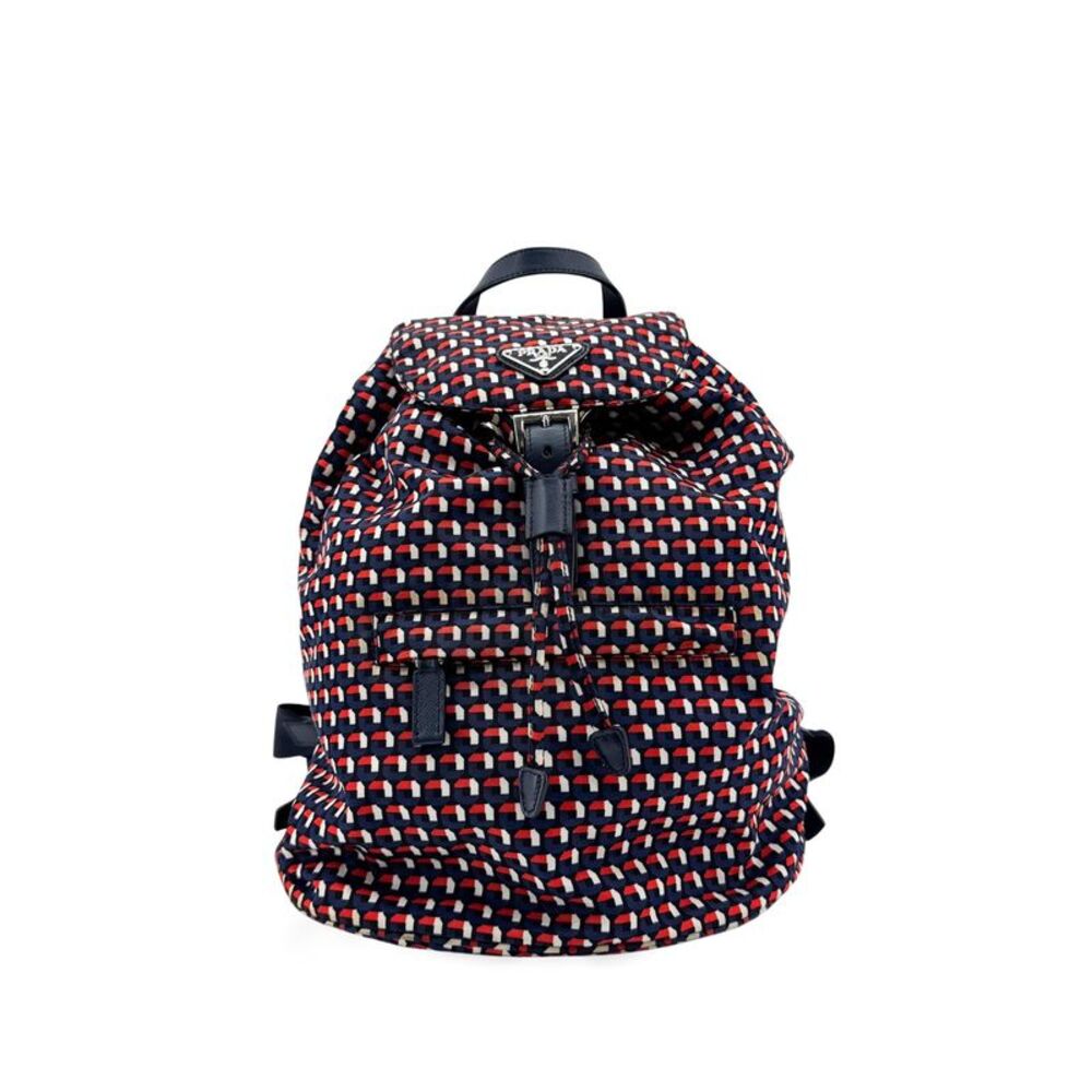Prada Geometric Print Nylon Backpack Navy Red